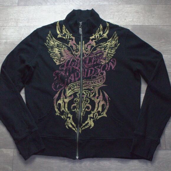 Vtg Harley-Davidson Women Sweatshirt L Black Wings Logo Graphic Full Zip Heart - Picture 2 of 6